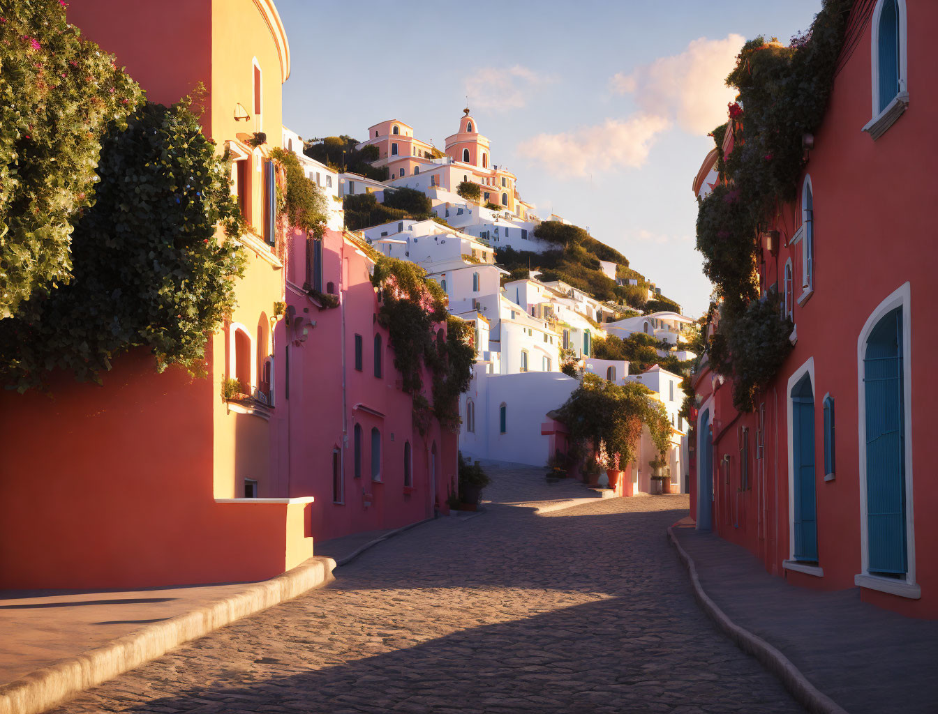 Charming cobblestone street with pink and red buildings, leading to sunlit hilltop church