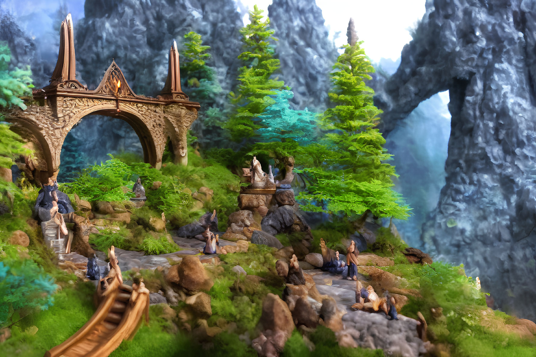 Miniature fantasy landscape with stone bridge, lush greenery, figures by stream, and ornate statue