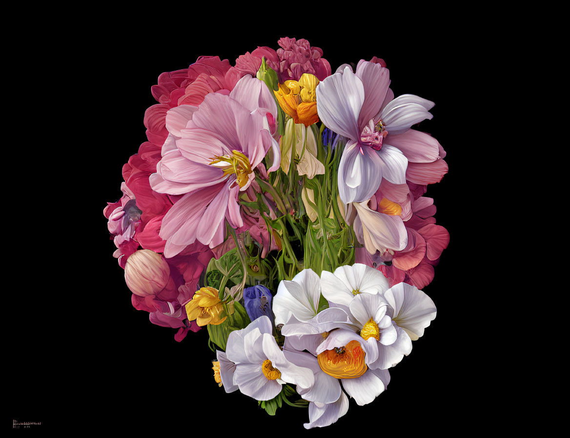 Colorful Mixed Flower Bouquet on Black Background