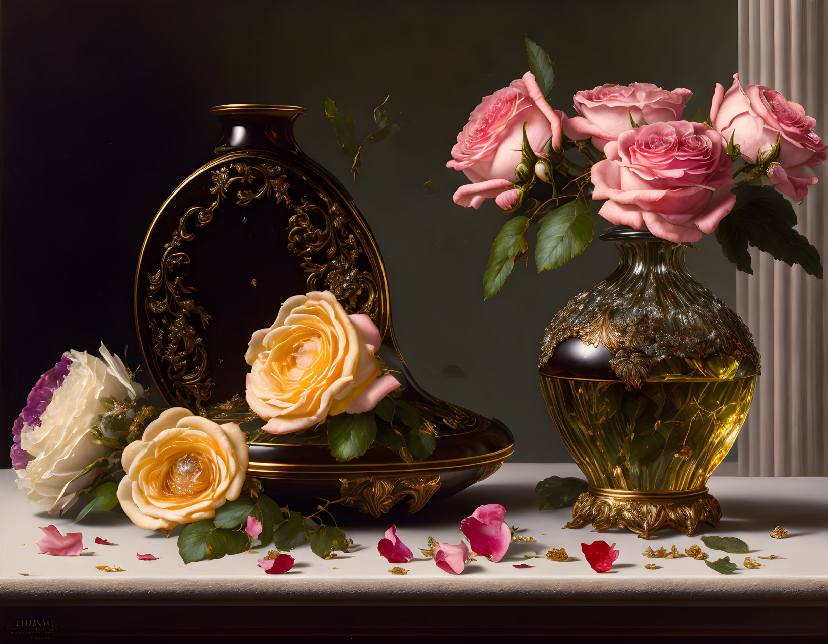 Ornate black vase with pink and cream roses in still life.