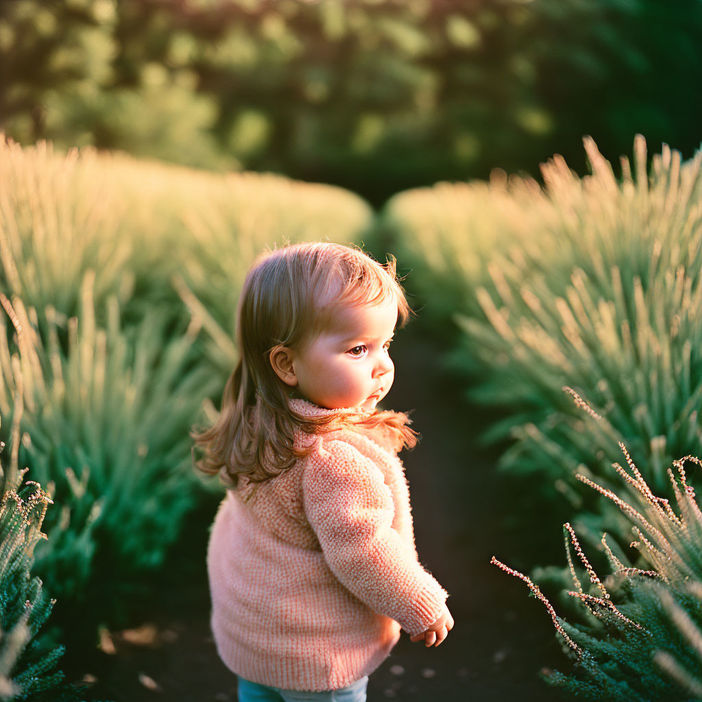 Young child in pink sweater amid tall grasses under sunlight.