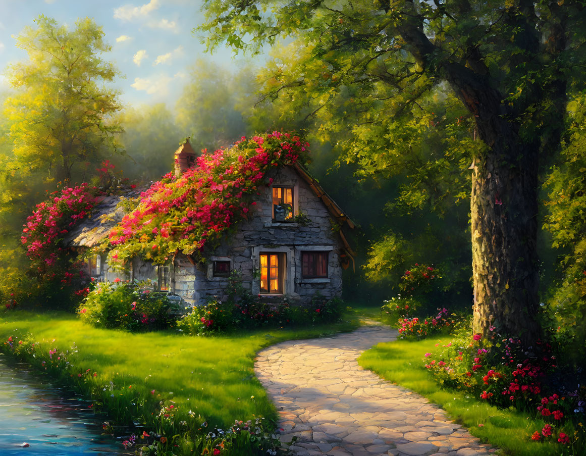 Pink Flower Adorned Cottage in Sunlit Landscape with River