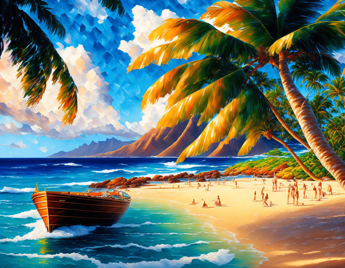 Tropical beach scene with palm trees, boat, mountains, and sunbathers