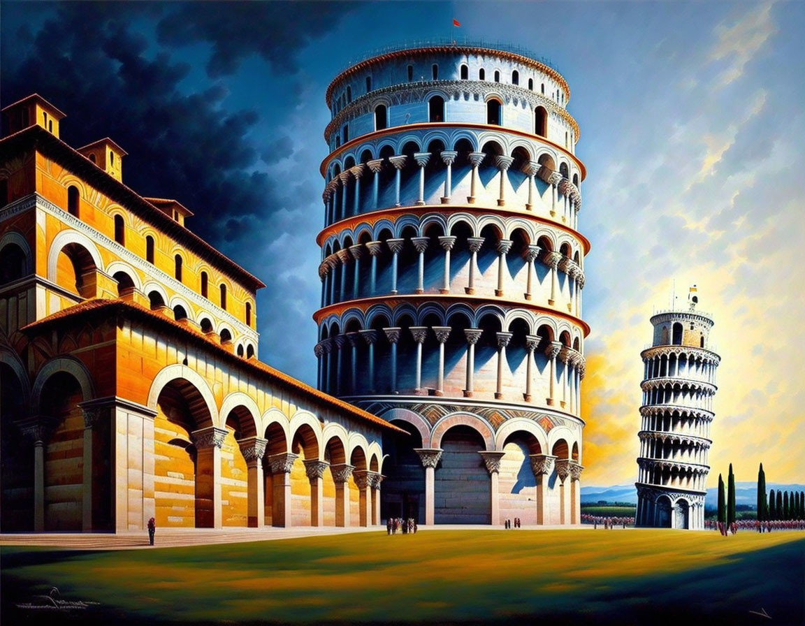 Digital painting of Leaning Tower of Pisa and cityscape under clear sky