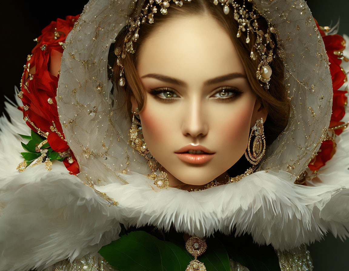 Portrait of a Woman with Gold Jewelry and Pearls in Veil and Red Roses on Dark Background