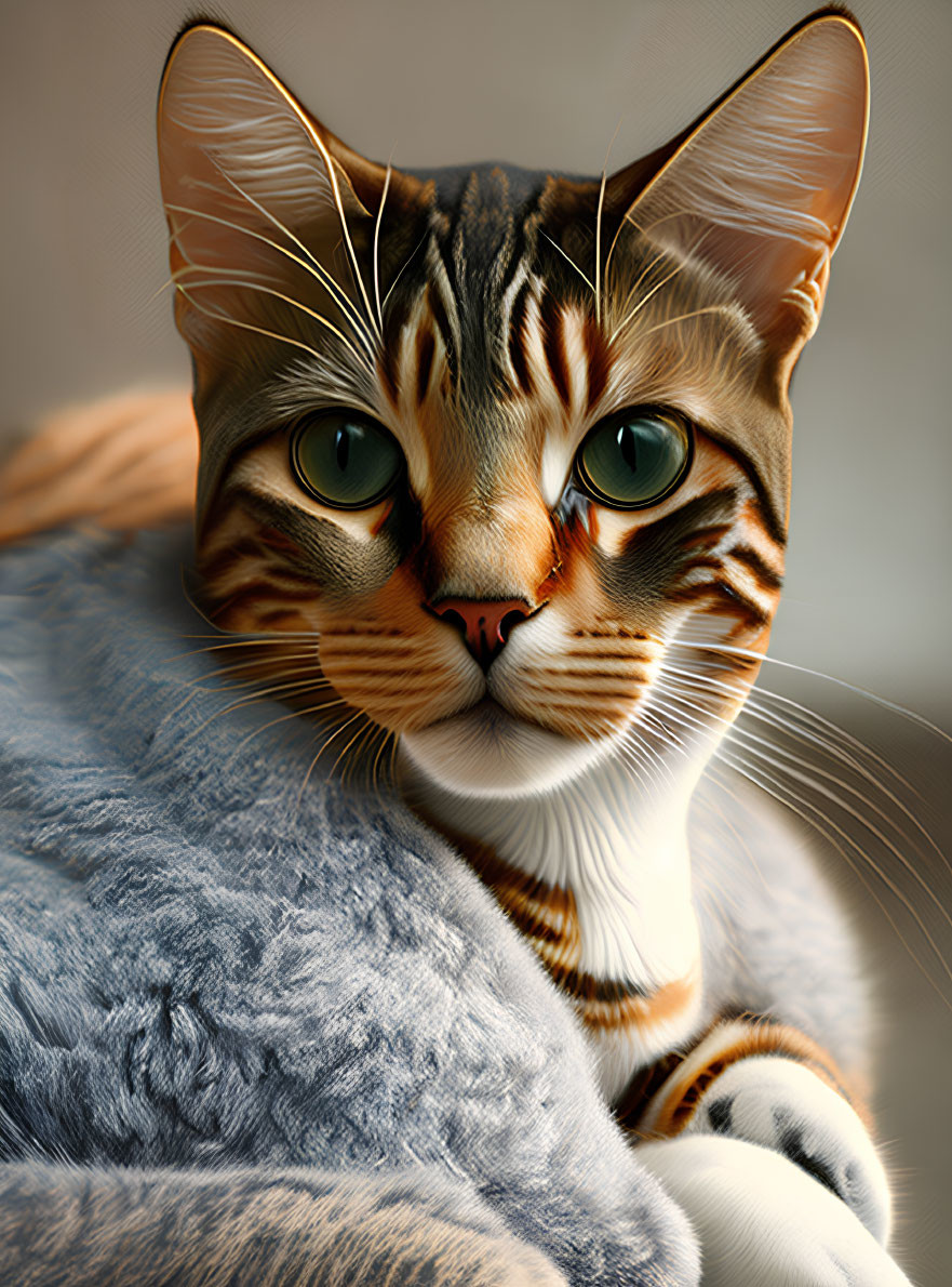 Striped Cat with Green Eyes Resting in Blue Blanket