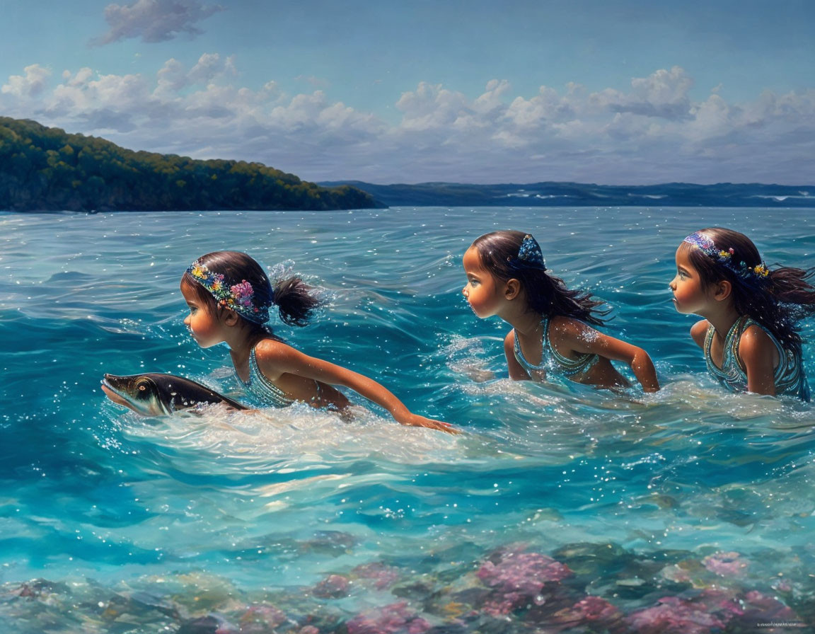 Three girls swimming with fish in clear blue water under cloudy sky