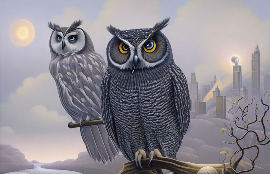 Illustrated owls on branch with twilight cityscape and orange eyes