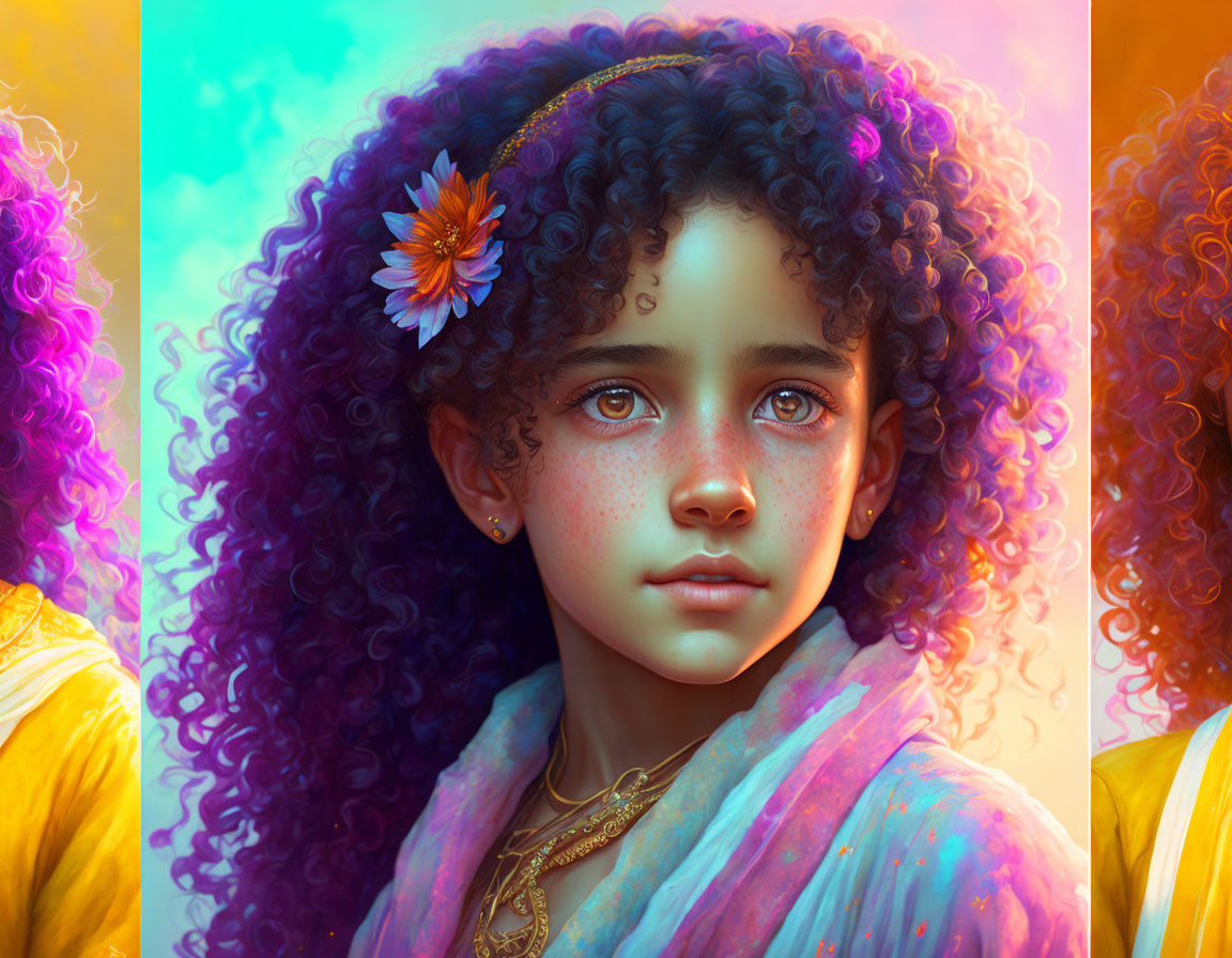 Curly-Haired Girl with Flower, Colorful Outfit, and Golden Jewelry