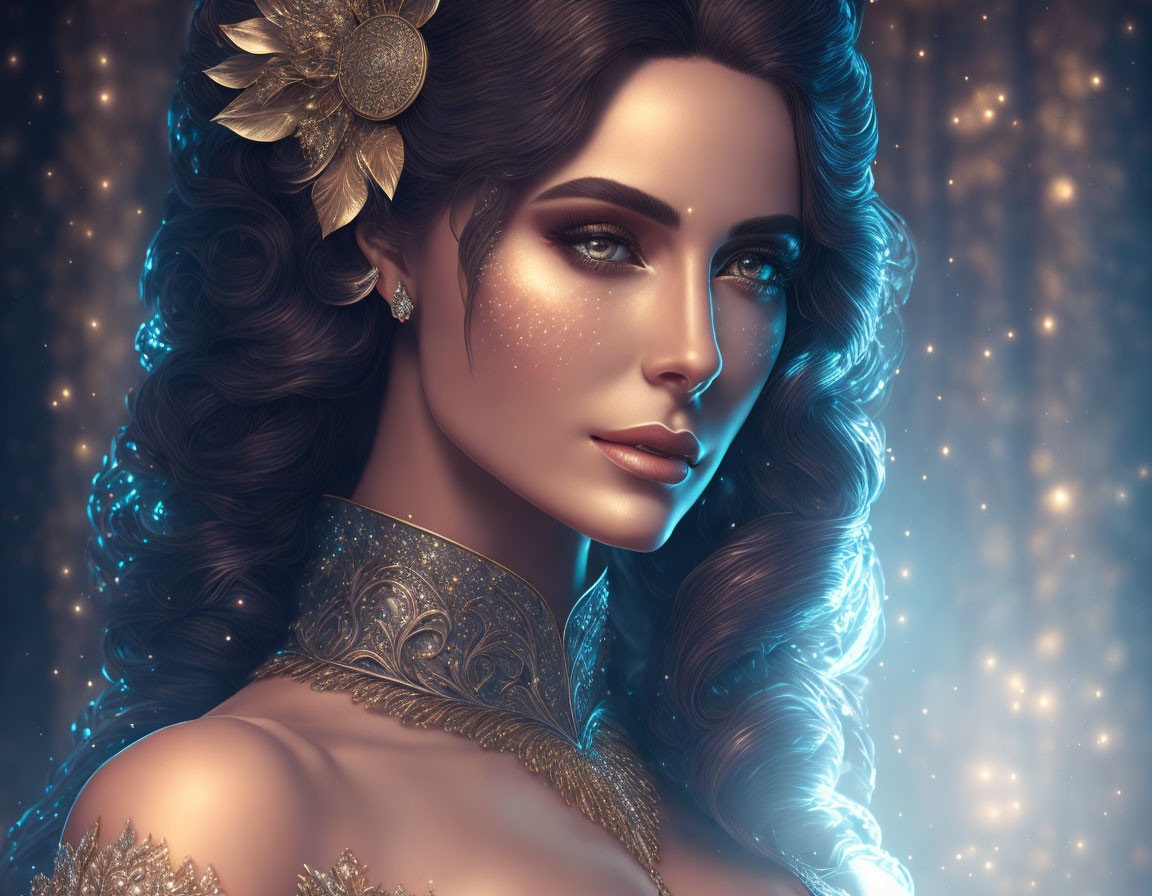 Fantasy-themed woman illustration with ornate hairstyle and golden accessory on starry background.