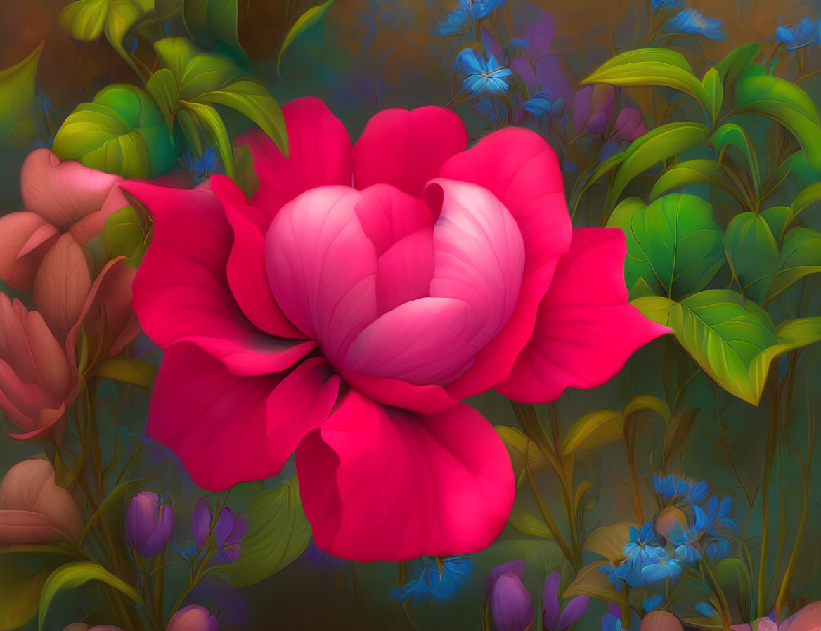 Colorful digital artwork featuring a large pink flower and lush green foliage