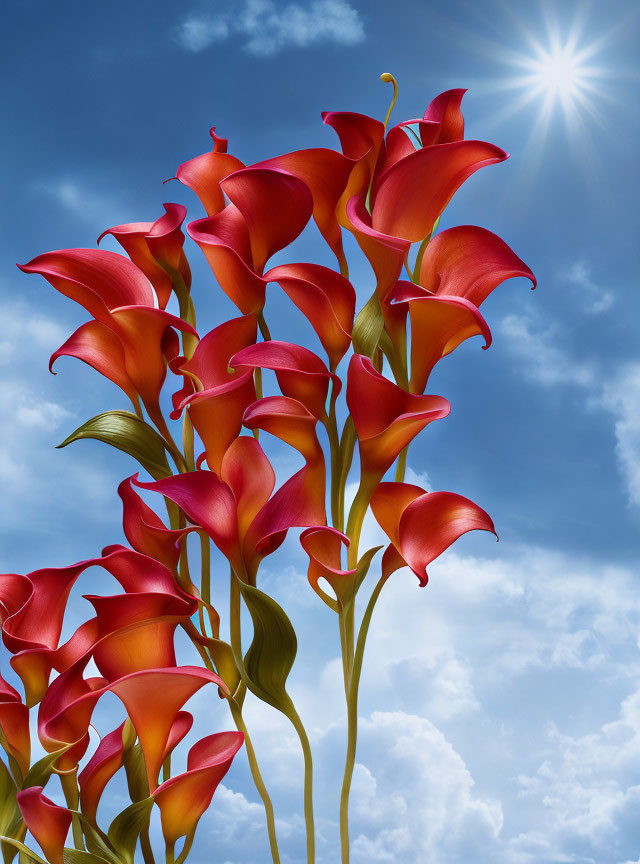 Bright red calla lilies under sunny blue sky