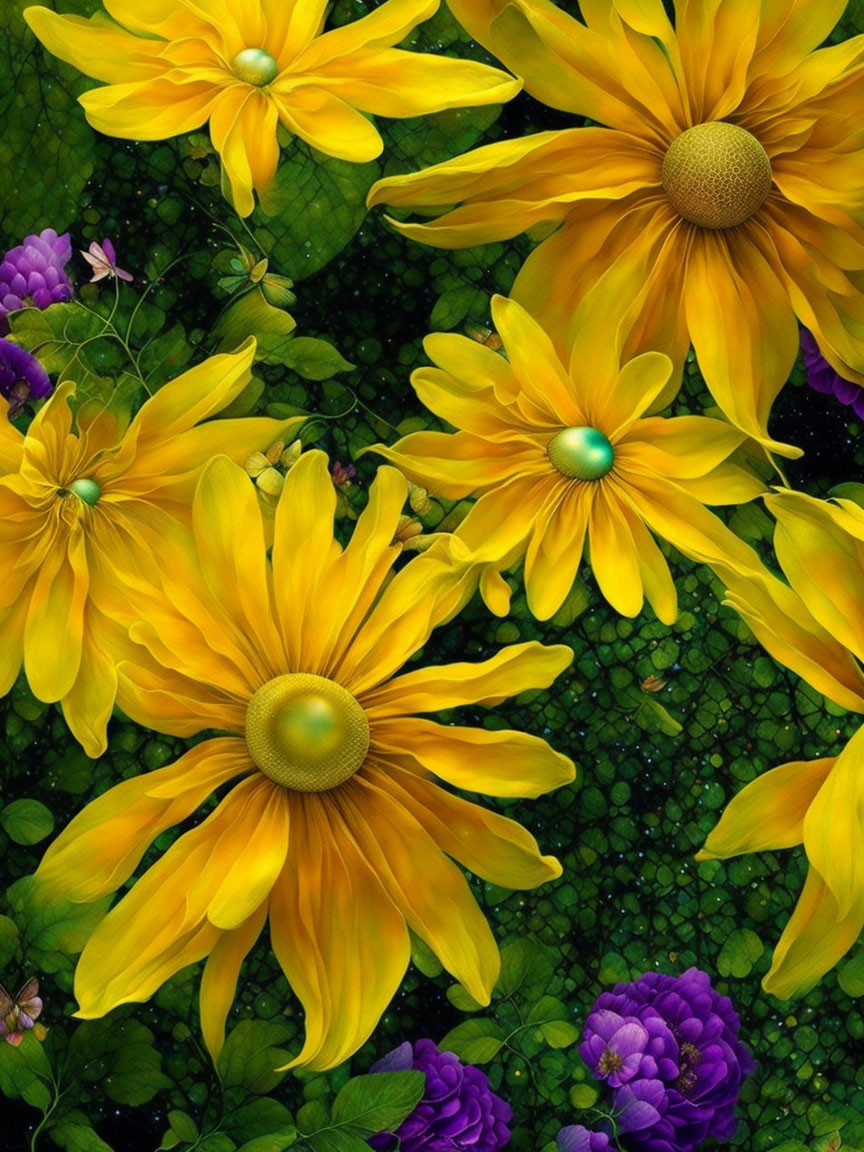 Vibrant yellow and purple flowers on leafy backdrop