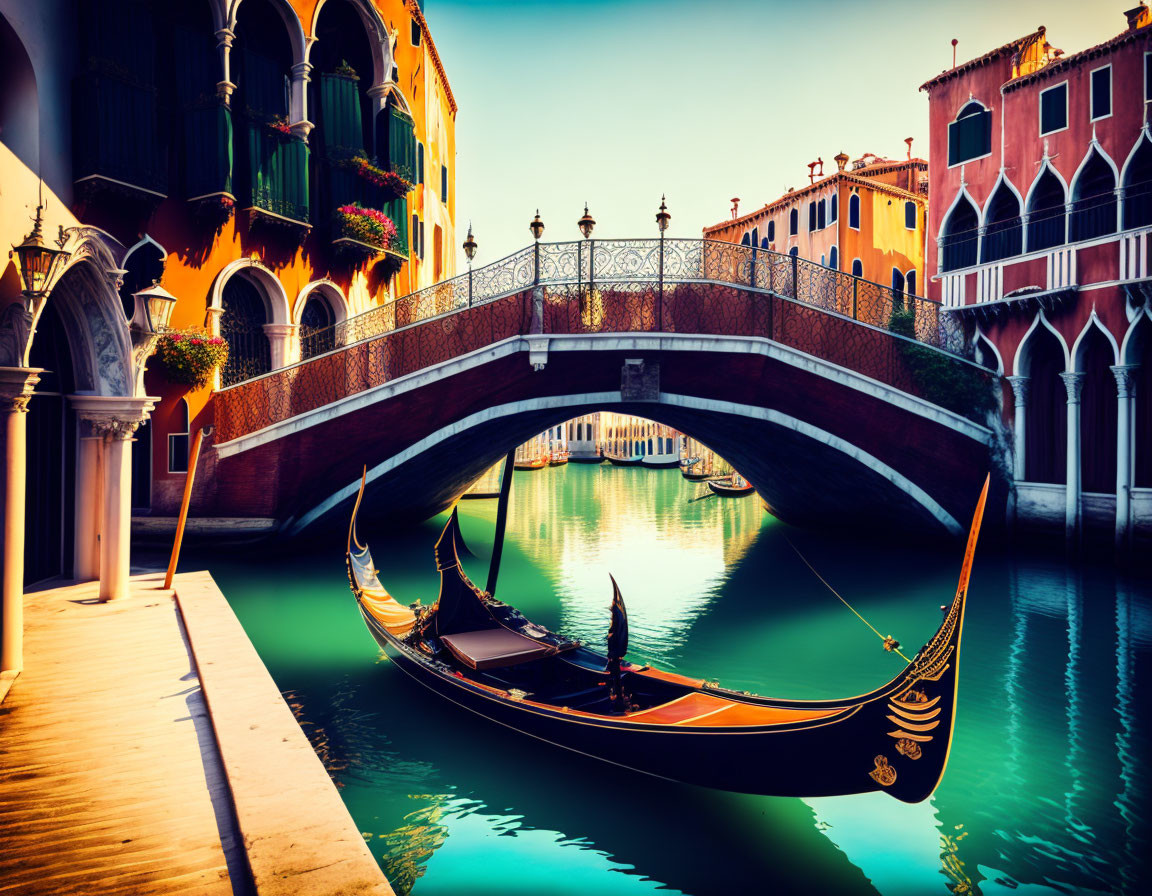 Colorful buildings line serene canal in Venice with gondola under bridge