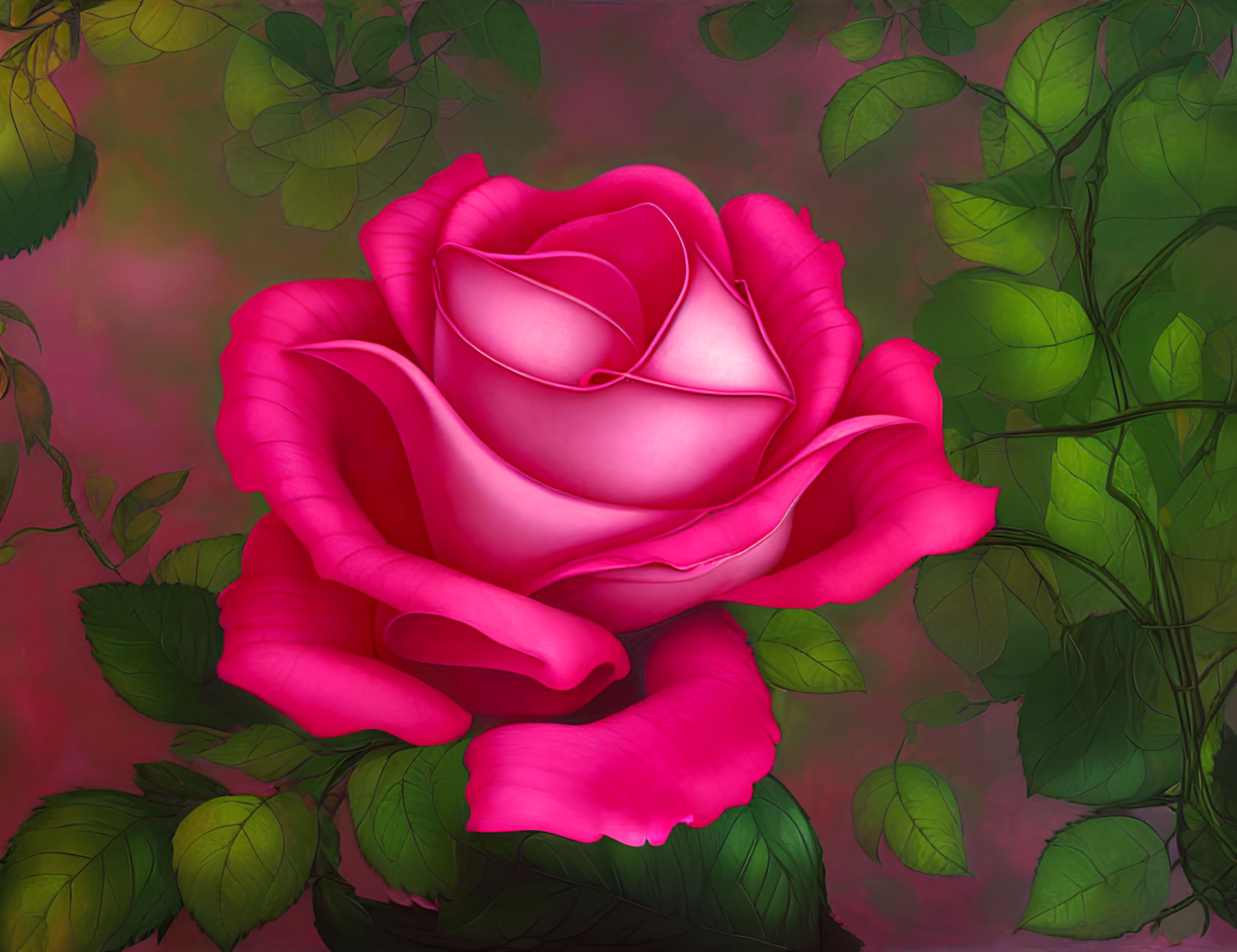 Vibrant pink rose in full bloom with lush green leaves