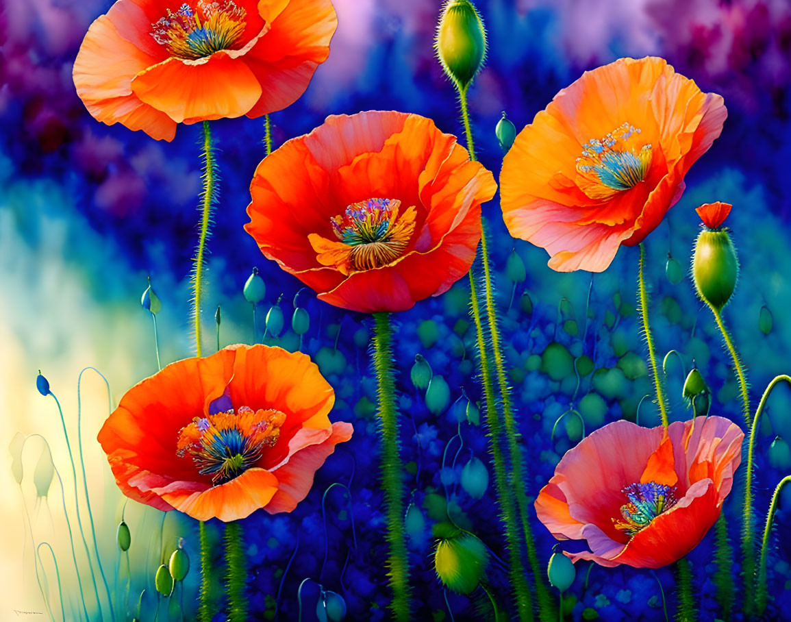 Vibrant red poppies with intricate stamens on blurred blue and purple backdrop.