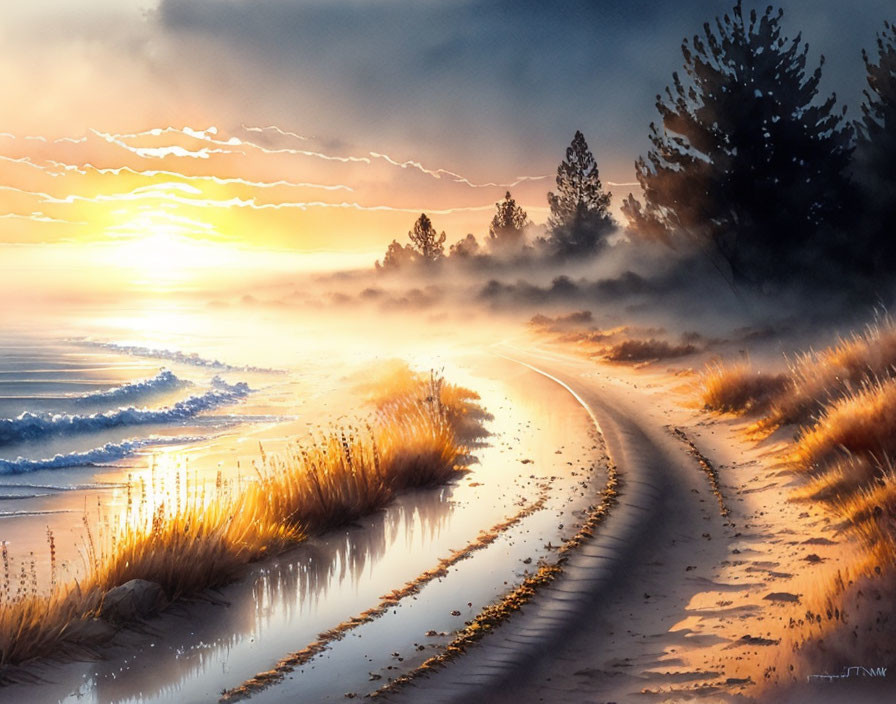 Misty Field with Sandy Path, Golden Grass, and Sunrise Forest