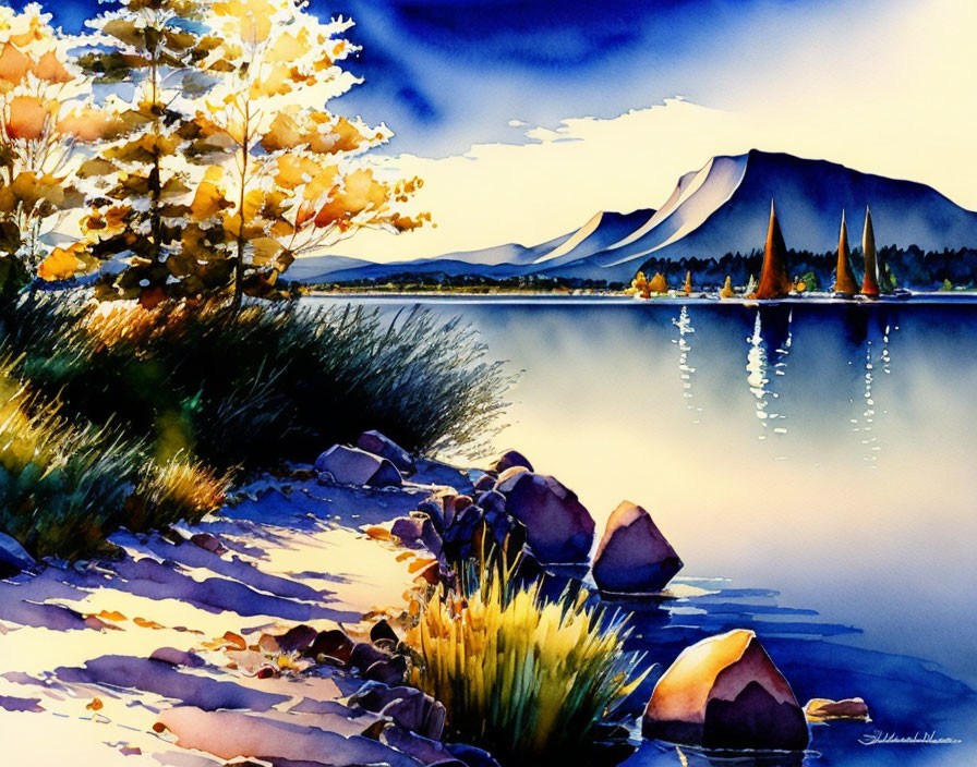 Serene lake scene with autumn trees and mountains in watercolor