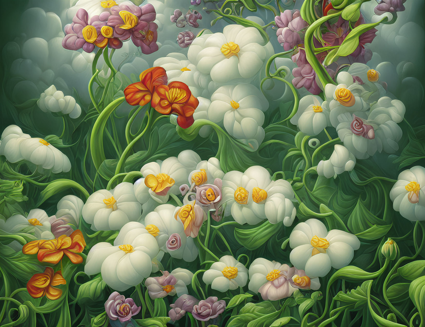 Detailed Illustration: White, Yellow, Orange, and Purple Flowers with Green Leaves