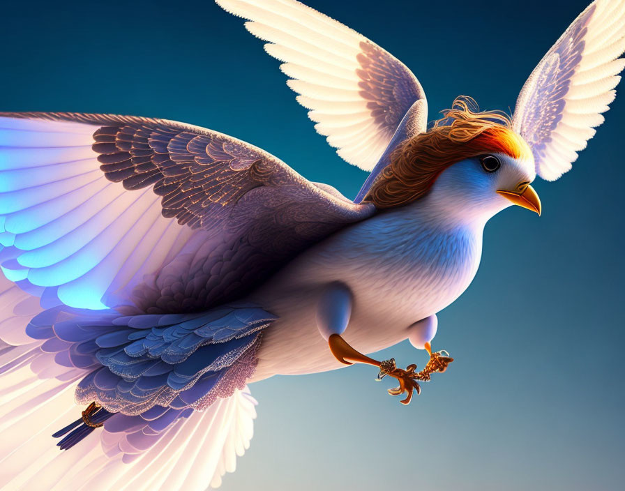 Fantastical bird digital illustration with orange crest and talons on blue background