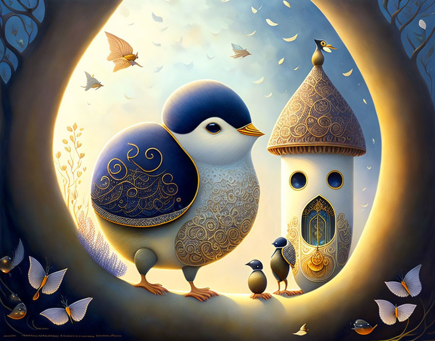 Whimsical bird and butterfly illustration with fancy birdhouse