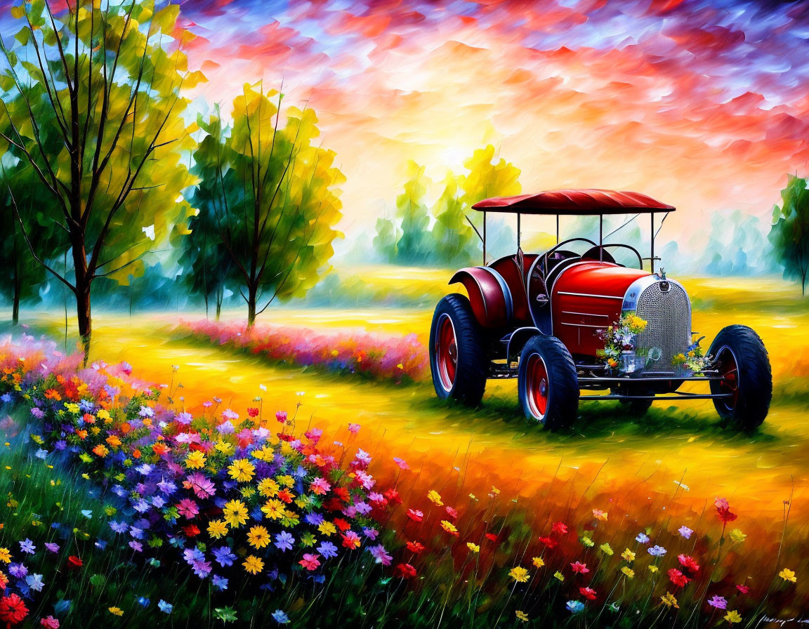 Colorful Vintage Red Car Painting in Meadow with Wildflowers & Sunset Sky