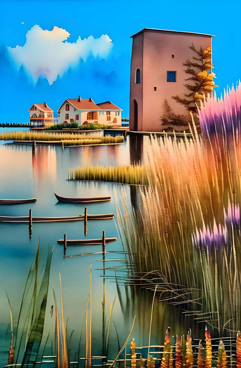 Serene lake scene with boats, tower, houses under blue sky