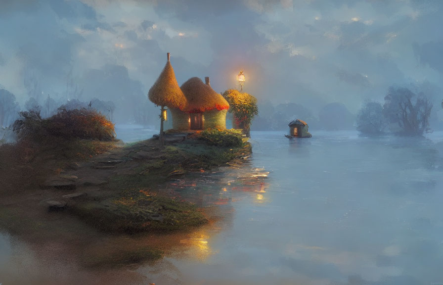 Thatched Cottage with Lanterns by Misty River at Dusk