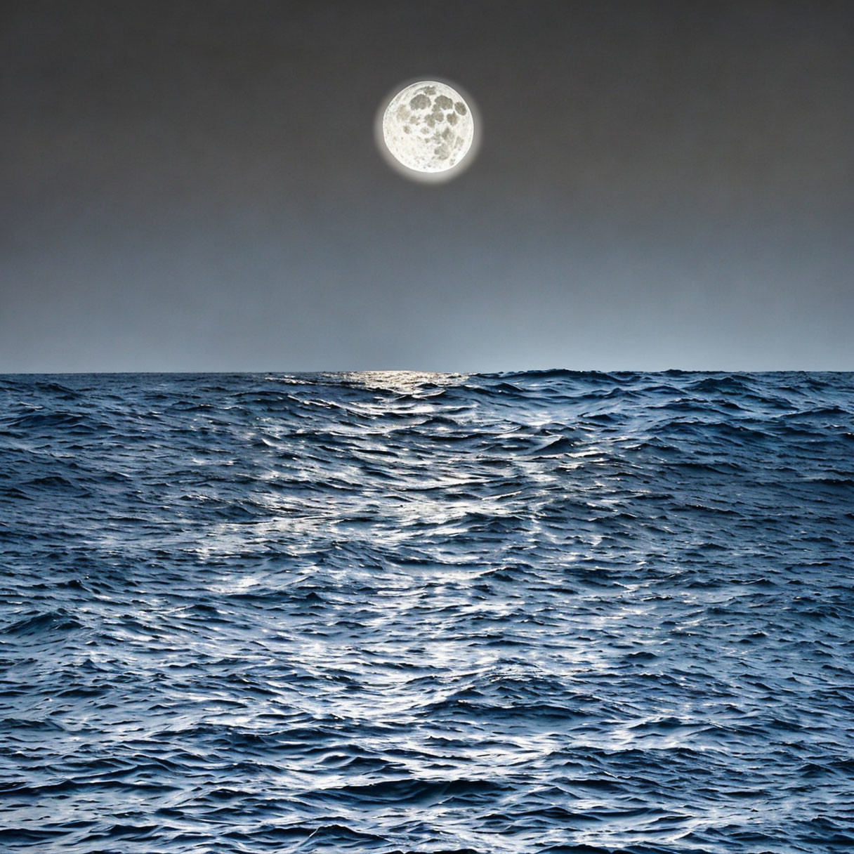 Nighttime Ocean Scene: Full Moon Reflecting on Textured Water