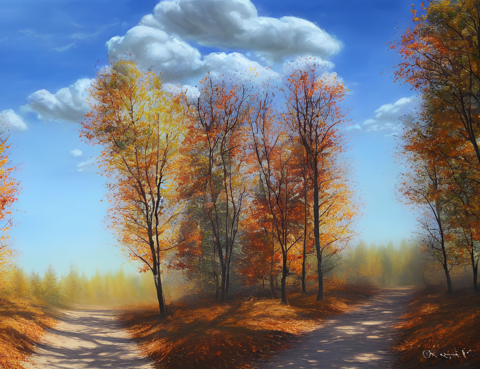 Sunlit Forest Path Surrounded by Vibrant Autumn Trees