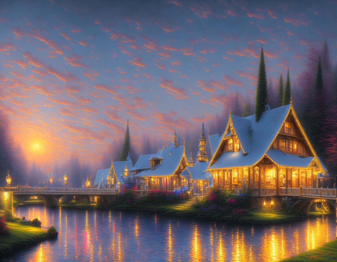 Serene village at twilight with illuminated cottages by the river