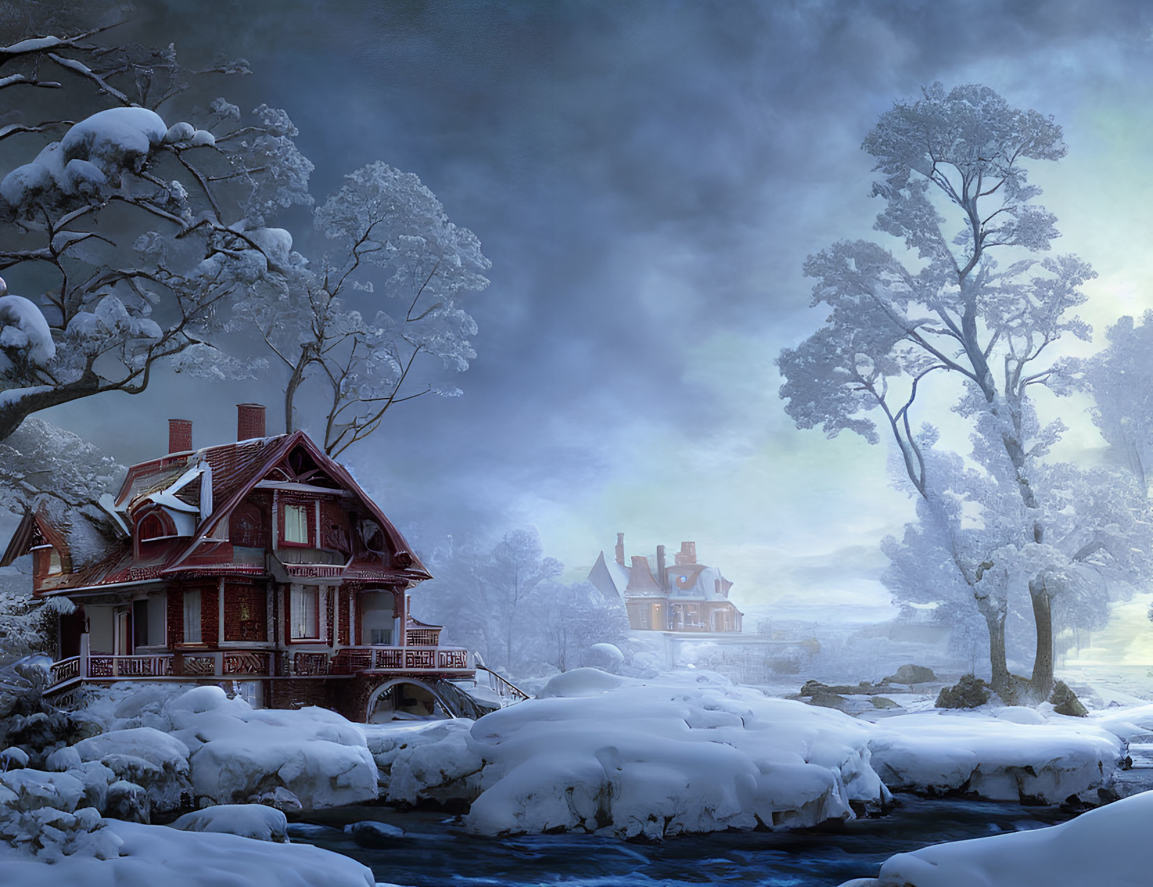 Twilight snow-covered landscape with houses, frozen river, and snow-laden trees