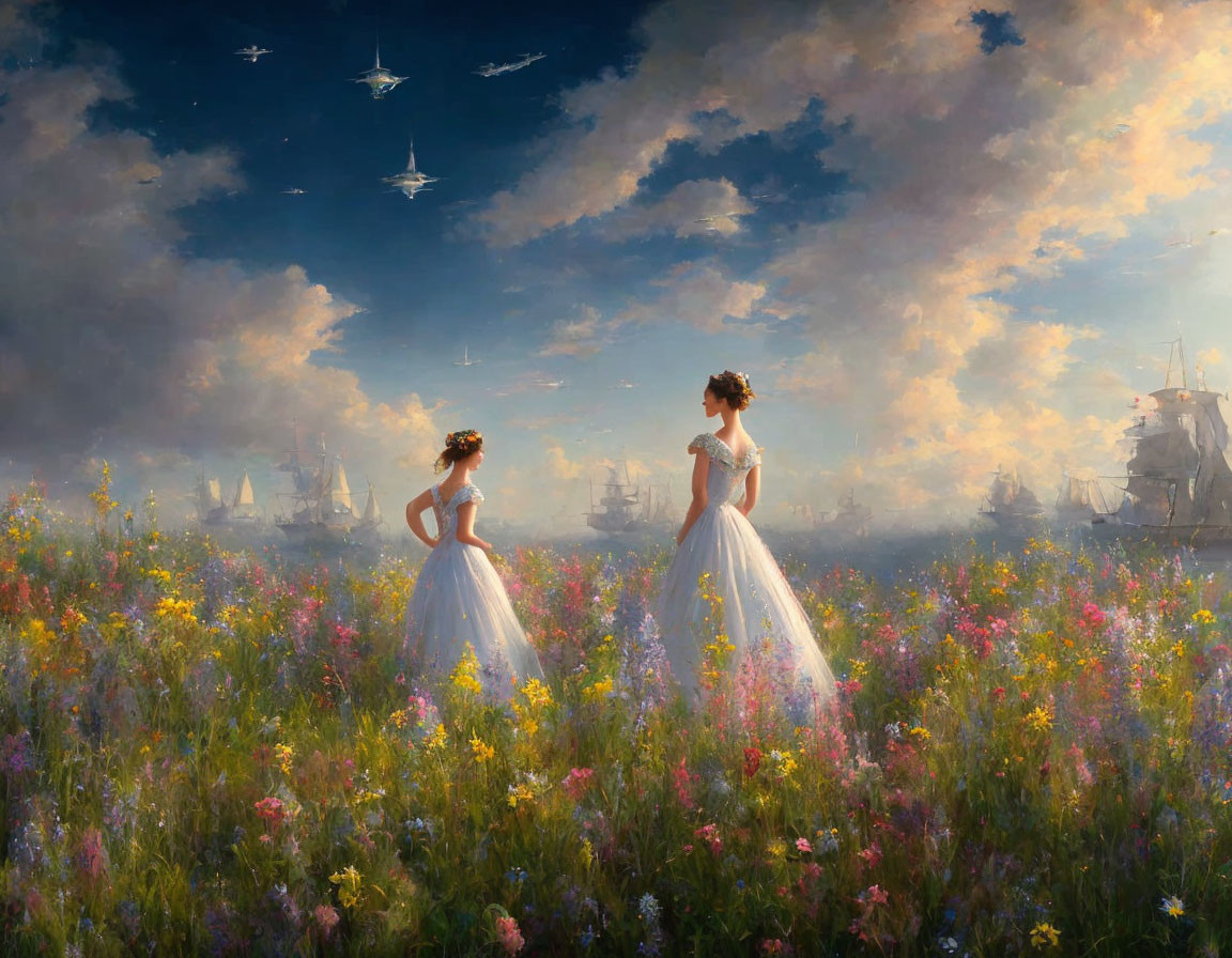 Two Women in White Dresses in Vibrant Flower Field with Floating Sailing Ships