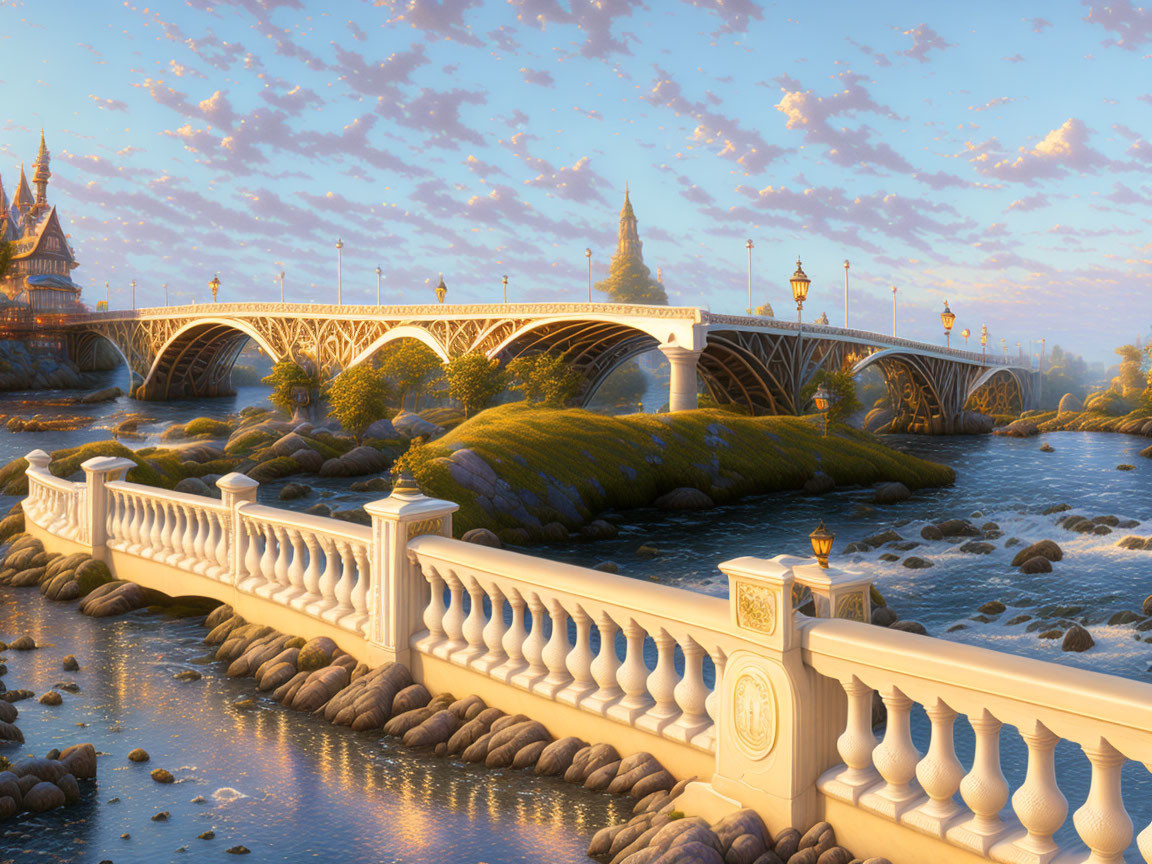 Stone bridge over river with balustrades under golden sunset and historic tower in serene landscape.