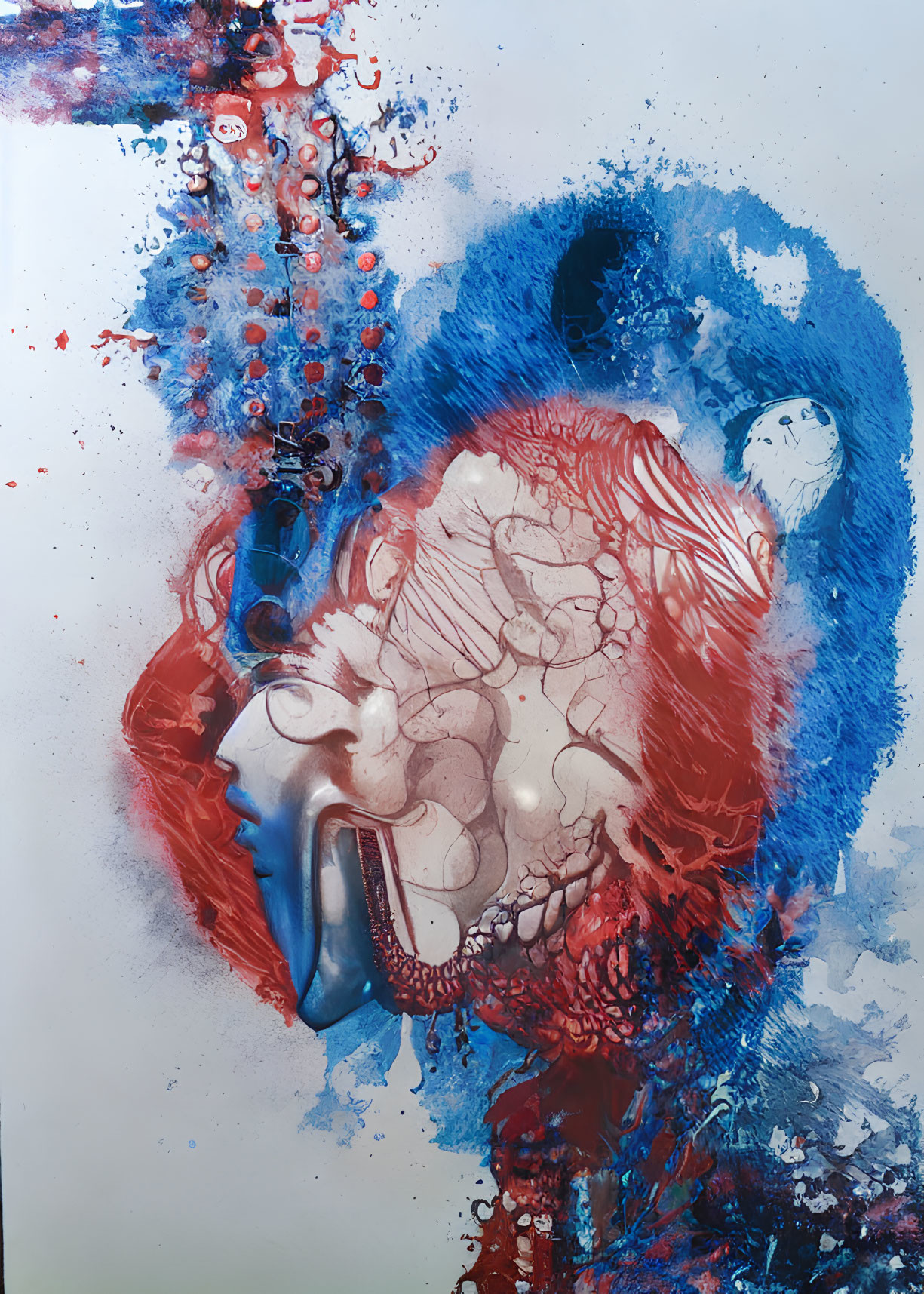 Dynamic Red and Blue Abstract Painting with Bubble and Splatter Patterns