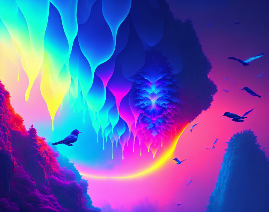 Colorful digital artwork: iridescent cave, neon forest, mystical ambiance