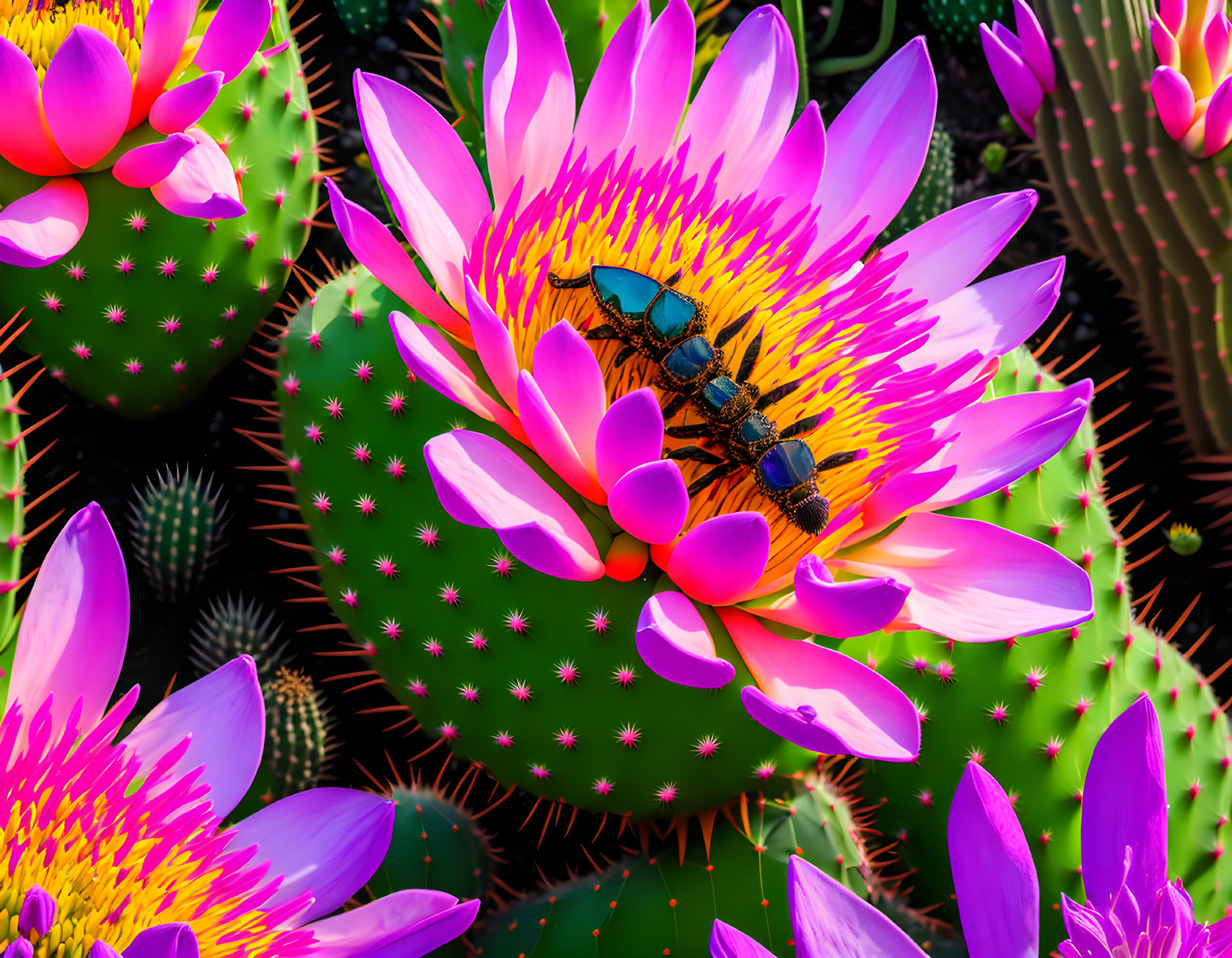 Pink Waterlily Flowers on Green Cactus with Blue Insect