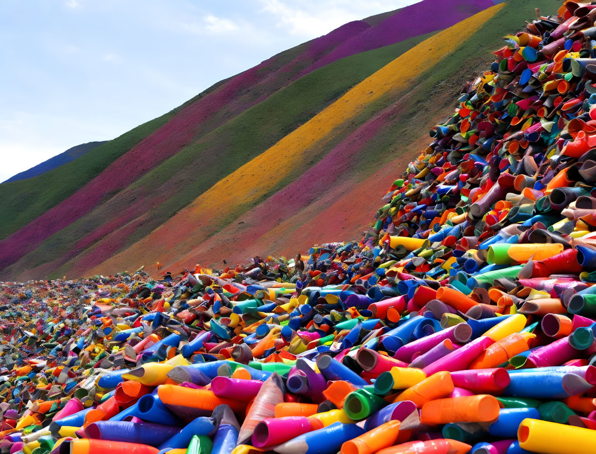 Vibrant plastic waste on colorful hillside among multicolored mountains