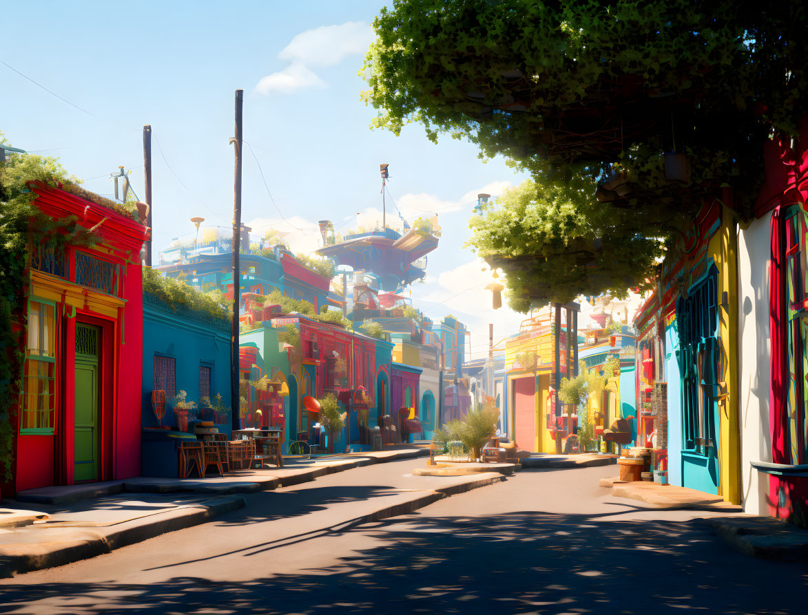 Colorful Buildings and Green Foliage in Vibrant Street Scene