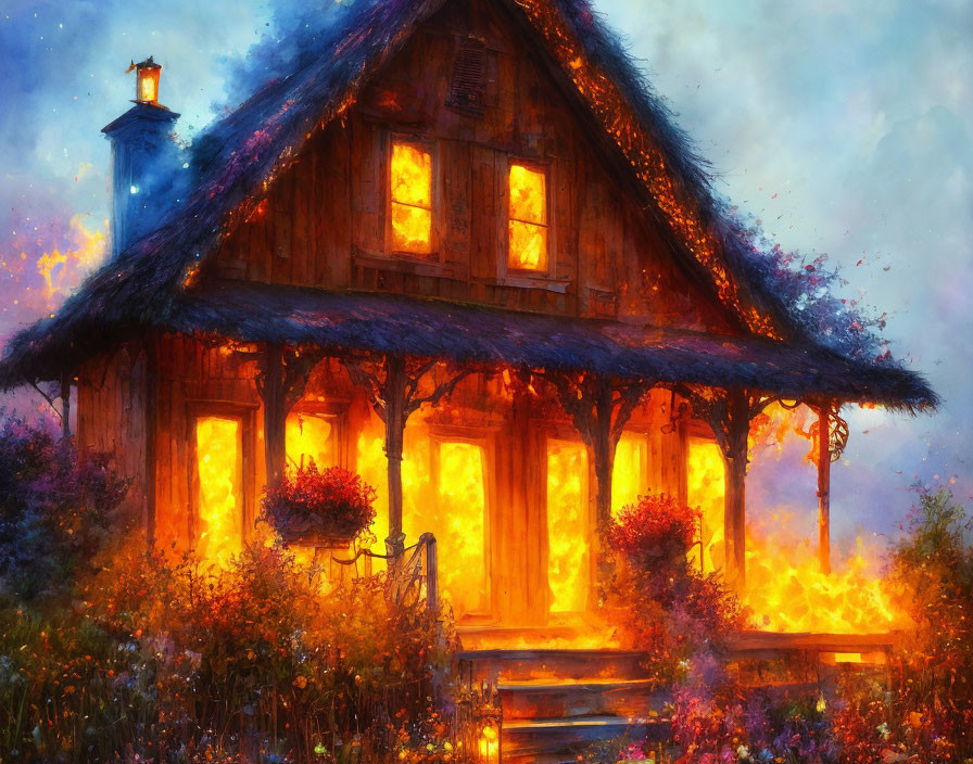 Enchanting twilight scene of illuminated wooden cottage