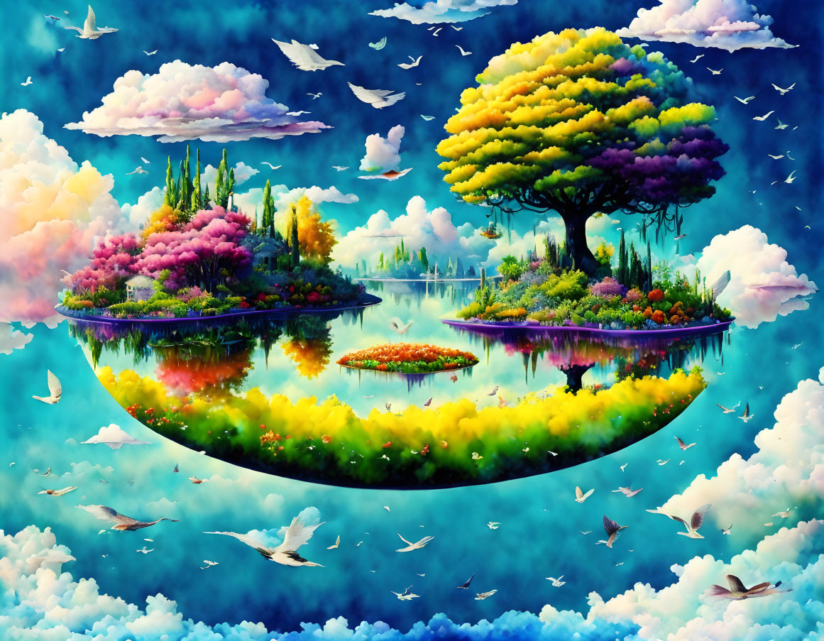 Colorful Floating Islands Landscape with Birds and Clouds