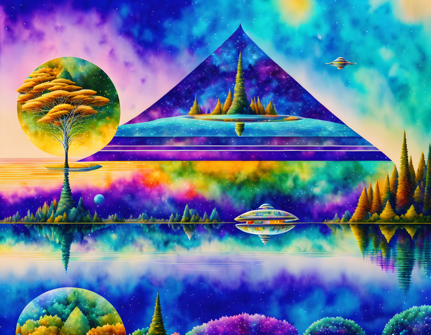 Colorful surreal landscape with pyramid, trees, water, saucer, planets, and starry sky