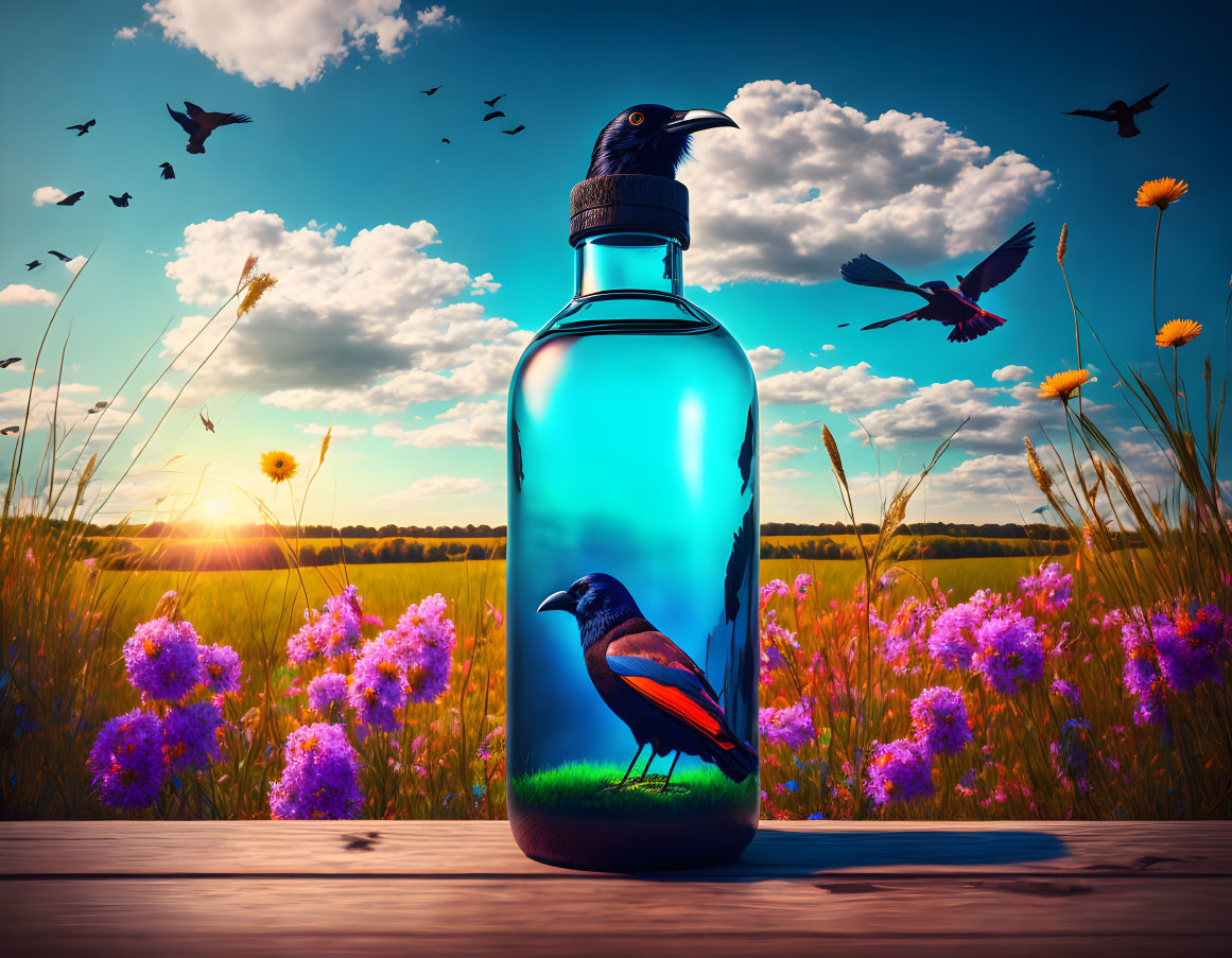 Bird on bottle with scenic landscape and flowers in surreal setting