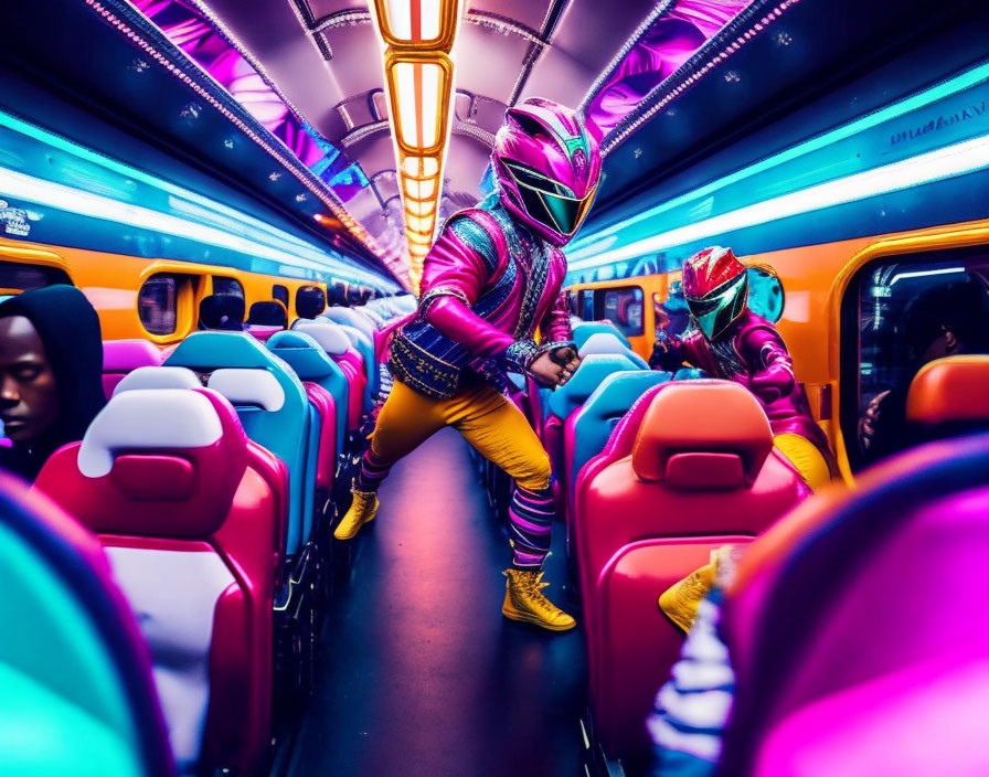 Vibrant pink and purple superhero in neon-lit train carriage