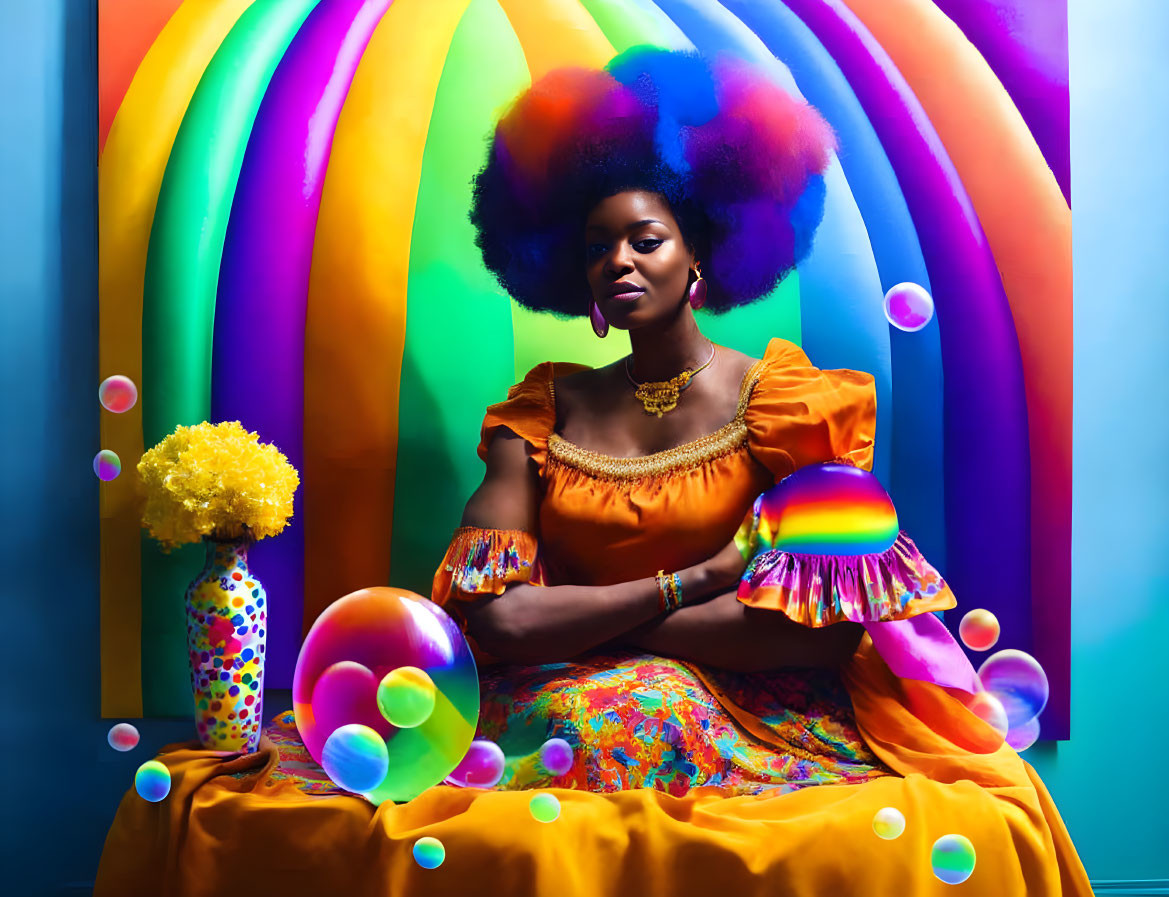 Vibrant Afro Woman Surrounded by Rainbow Stripes and Bubbles