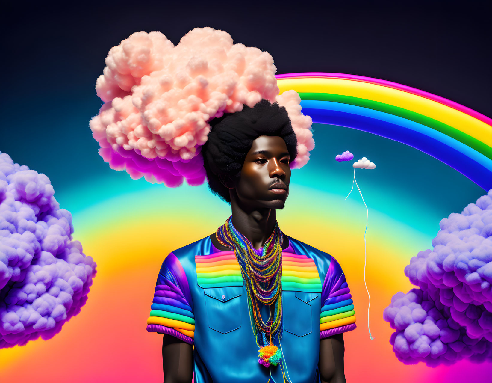 Person with Afro Hairstyle Holding Cloud Balloon in Rainbow Cloud Background