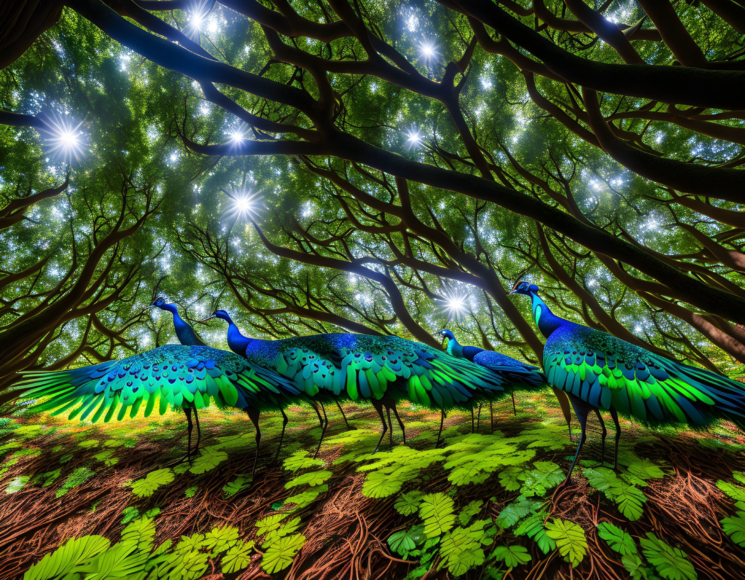 Three peacocks in a sunlit forest setting