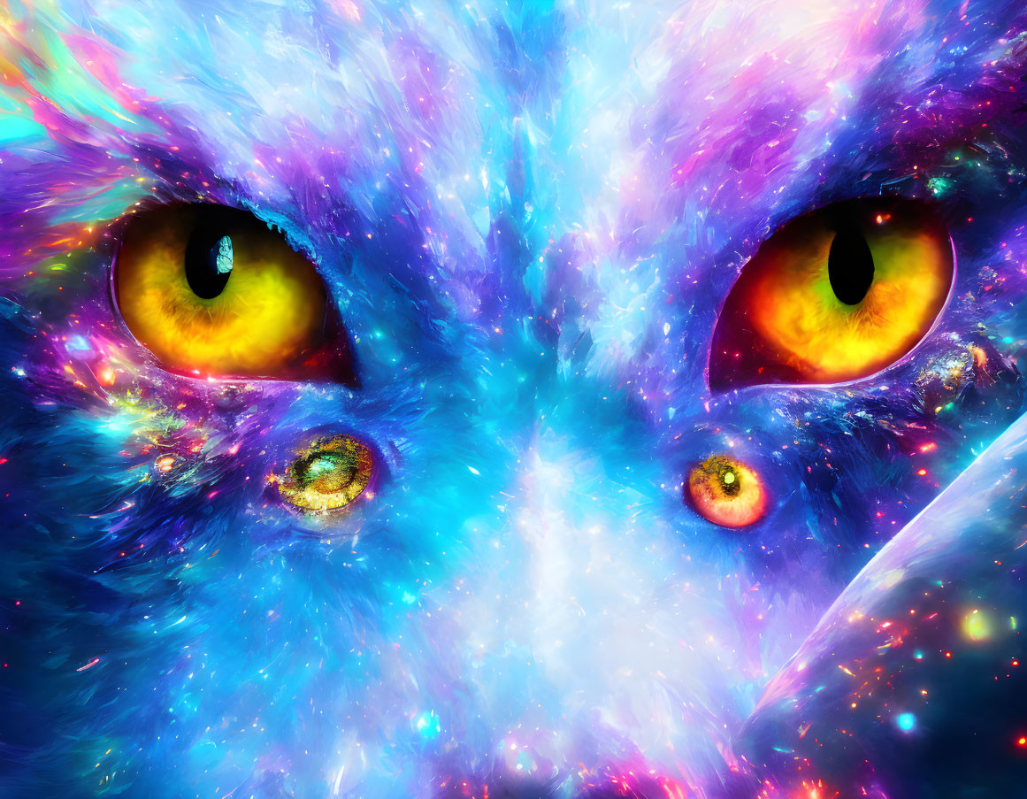 Cosmic Cat Face with Multicolored Fur and Starry Eyes