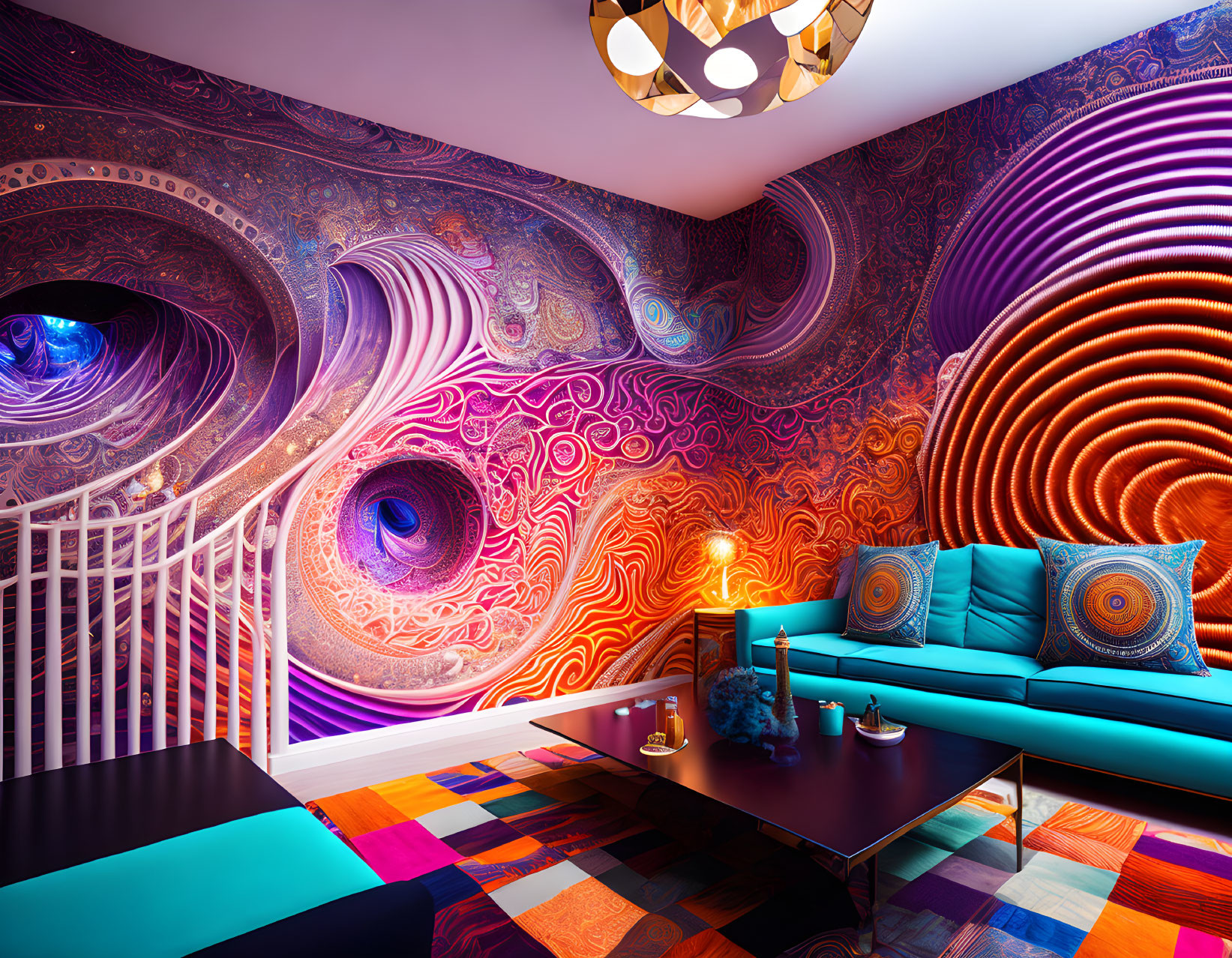 Colorful Psychedelic Room with Swirling Purple and Orange Walls