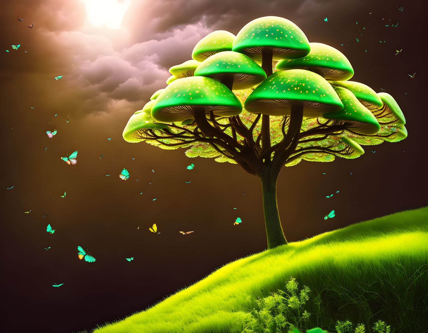 Glowing mushroom-shaped tree with butterflies in dramatic sky.